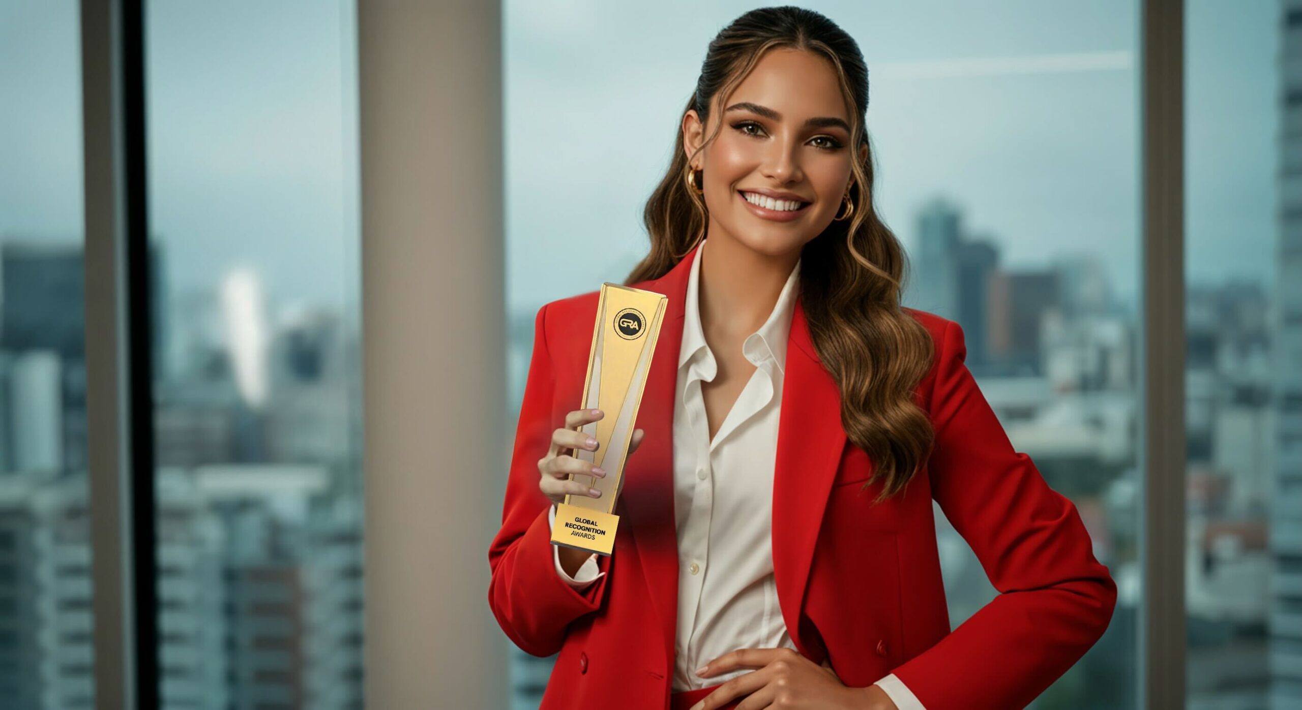 Professional in a red suit posing in a modern office while displaying a sleek gold trophy, exuding confidence and success, Global Recognition Awards.