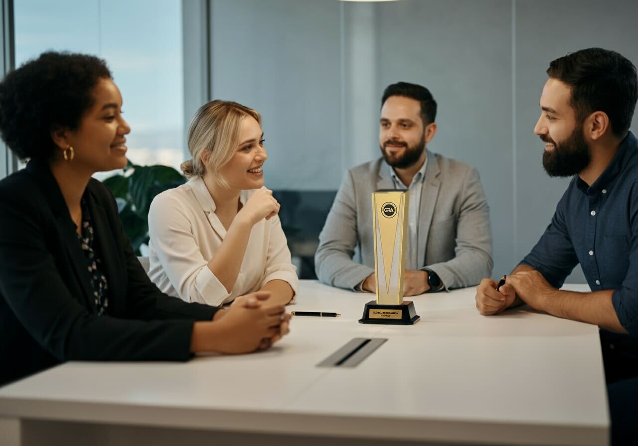 Four colleagues seated around a conference table with a tall gold trophy at the center, sharing smiles during an office meeting.