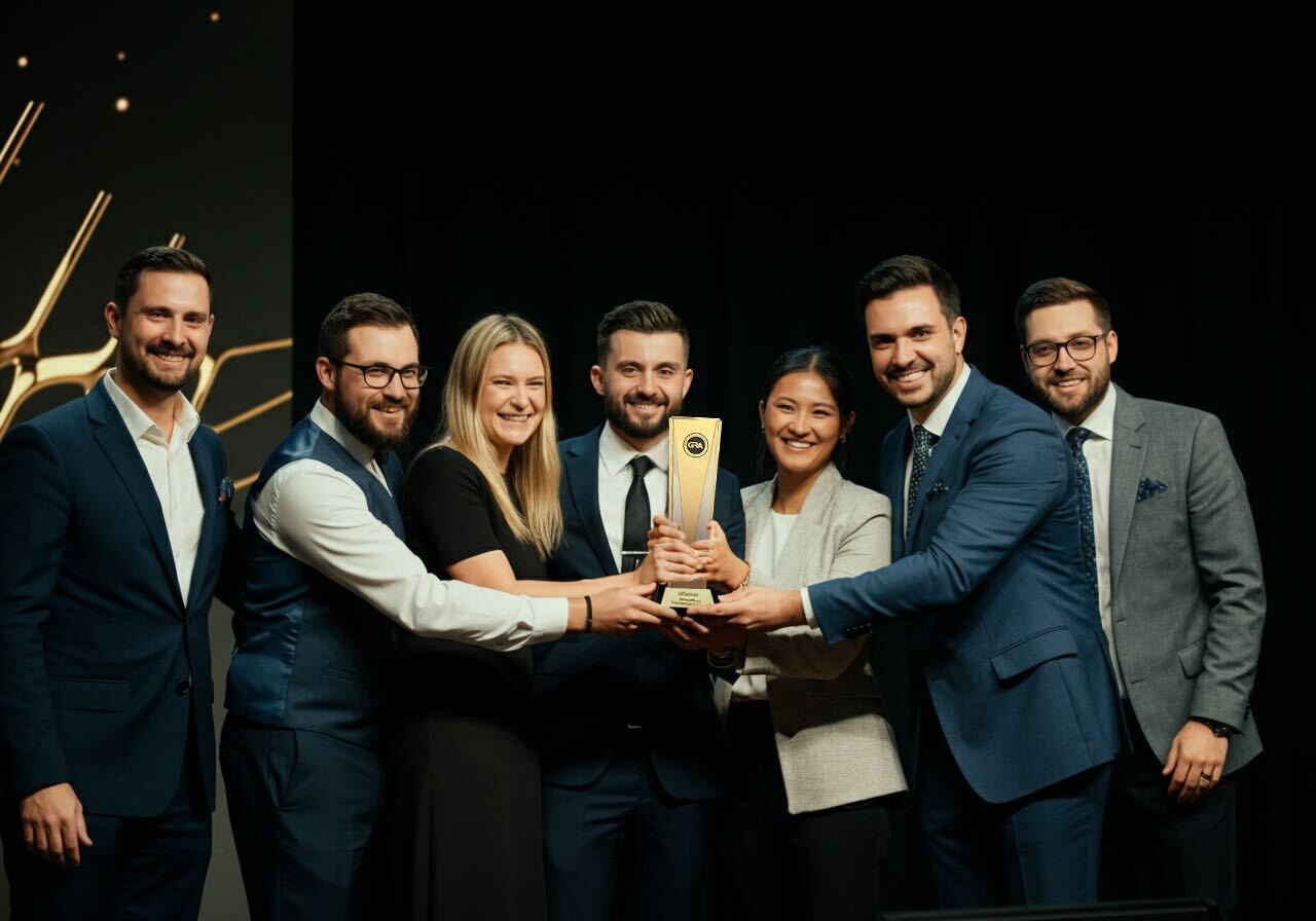 Group of seven professionally dressed colleagues smiling and holding a tall gold trophy together on stage at an awards ceremony, highlighting teamwork, why hotel awards matter.